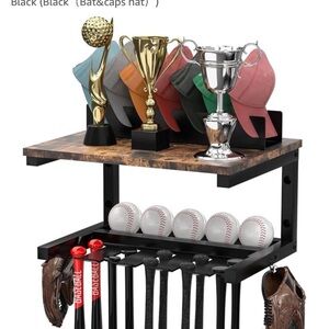 Baseball Bat and Cap Display Rack with Trophies